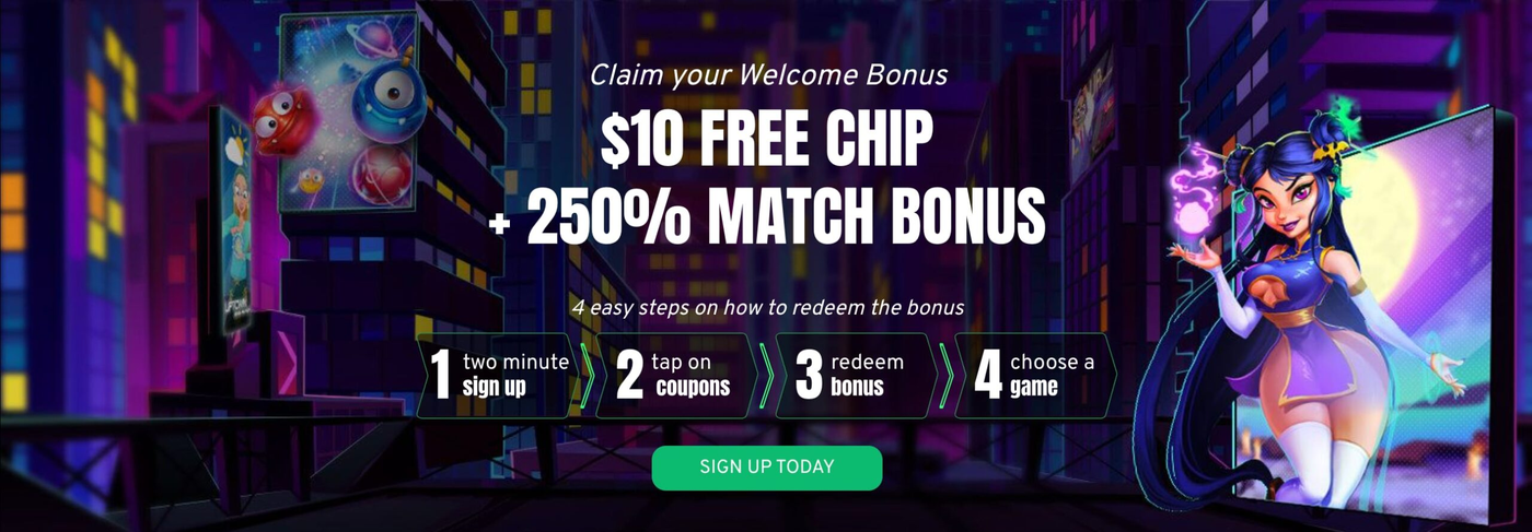 Uptown Aces welcome bonus: claim your $10 free chip plus 250% match bonus